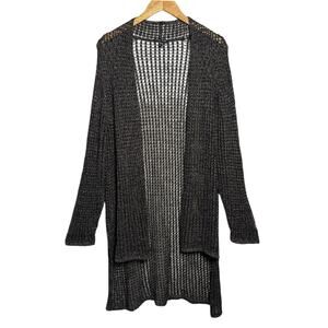 Eileen Fisher Mesh Metallic Knit Open Cardigan Hi-Lo in Black/Gold - Size XL